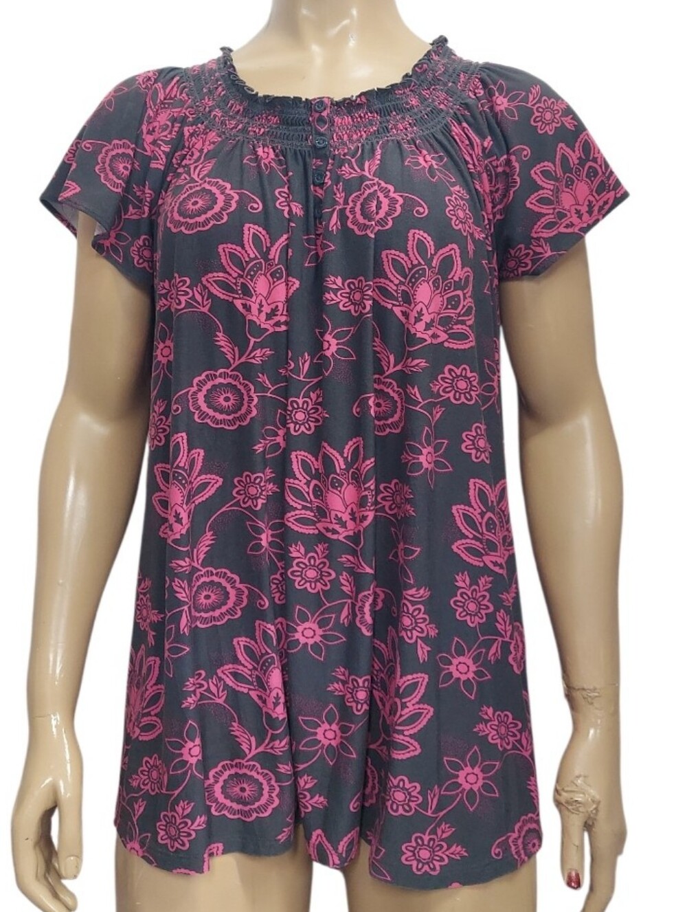 Peasant Style Pink Floral Smocked Neckine Blouse Button Detail Top